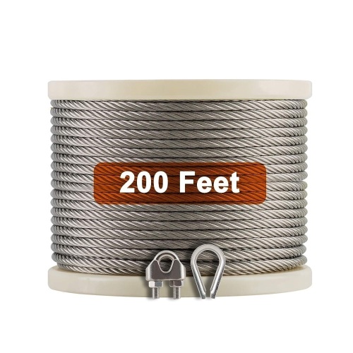 Fiberfly 1/4 Zipline Aircraft Cable with Clamps & Thimbles 200Ft, Stainless Steel Cable, 7 x 19 Strands Construction - Lot 368