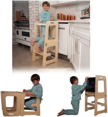 Avenlur Date 4-in-1 Kitchen Tower Montessori and Waldorf Style for Toddlers and Kids 18 Months to 6 Years - The Ideal Counter Stepping Stool with Chalkboard, Desk Table, and Chair All in One - Lot 385
