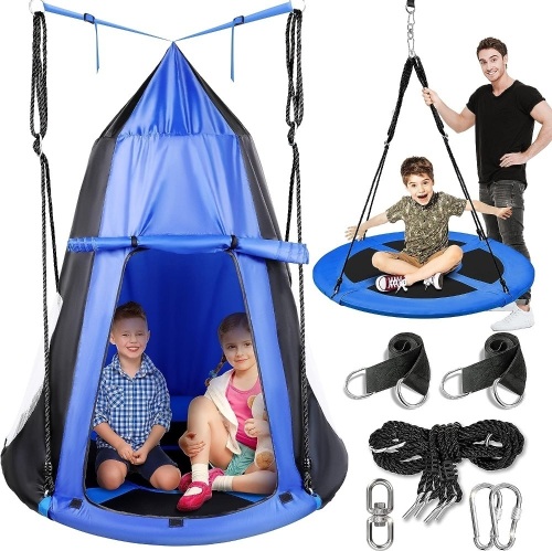 SereneLife 40”Hanging Tree Play Tent Hangout for Kids Indoor Outdoor Flying Saucer Floating Platform Swing Treepod Inside Outside House Canopy-Includes... - Lot 387