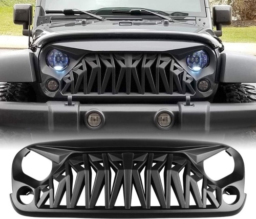 Allinoneparts Matte Black Front Grill, Shark Grille Compatible with 2007-2018 Jeep Wrangler Rubicon Sahara Sport JK JKU - Lot 553