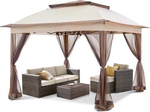 Cool Spot 11x11 Pop-Up Instant Gazebo Tent with Mosquito Netting Outdoor Canopy Shelter with 121 Square Feet of Shade by COOS BAY (Beige) - Lot 549