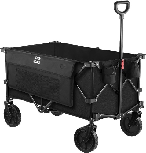  ROMISS Folding Wagon Cart Heavy Duty Collapsible Utility Wagon Outdoor Camping Garden Cart with Universal Wheels for Camping, Sports, Shopping (All Black) - Lot 551
