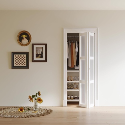  30" x 80" Bi-Fold Doors 3-Panel Tempered Frosted Glass Folding Door, Solid MDF Closet Door Prefinished Surface Pre-Drilled Holes Easy Assembly - Lot 582