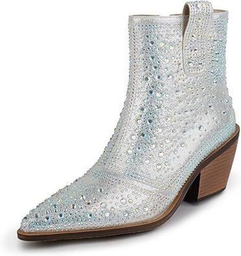 ISNOM Rhinestone Ankle Boots with Pointed Toe and Chunky Heel Design, Size 9.5  - Lot 718