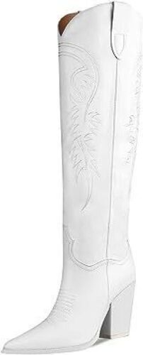ISNOM Women's Western Knee High Boots, Chunky Block Heel Pointed Toes, Size 8  - Lot 728
