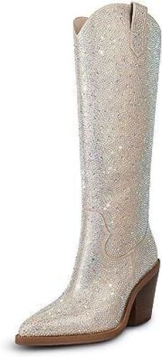 ISNOM Women's Western Knee High Rhinestone Boots, Chunky Block Heel Pointed Toes, Size 6  - Lot 738