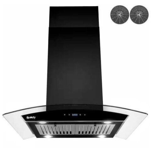 AKDY 30 in. 343 CFM Convertible Kitchen Island Mount Range Hood in Black Painted Stainless Steel with Tempered Glass - Lot 170
