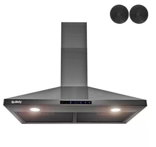 Golden Vantage 30 in. 343 CFM Convertible Wall Mount Range Hood Touch Controls, LED Lights, Carbon Filters in Black Stainless Steel - Lot 525