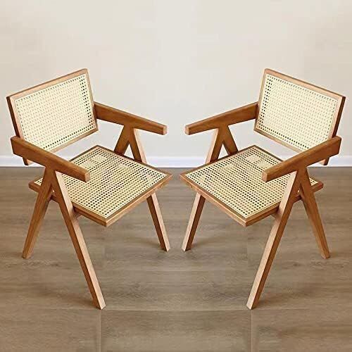 Retro Rattan Dining Chair Ash Wood Frames Handmade Rattan Back, Brown, Set of 2  - Lot 313