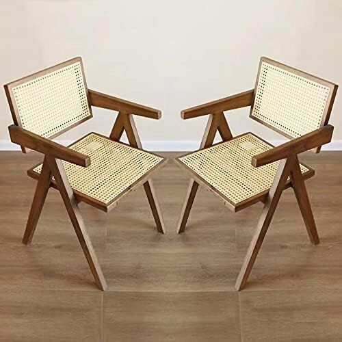 Retro Rattan Dining Chair Ash Wood Frames Handmade Rattan Back, Dark Brown, Set of 2  - Lot 333