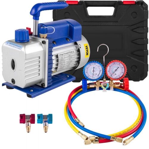 VEVOR 3CFM 1/4HP Single Stage Air Vacuum Pump HVAC R134a R12 R22 R410a A/C Refrigeration Kit AC Manifold Gauge R134 Can Tap Included Carrying Tote - Lot 580