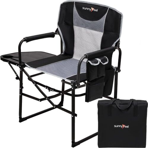 SUNNYFEEL Portable Folding Oversized Directors Chair with Side Table, Pocket  - Lot 431