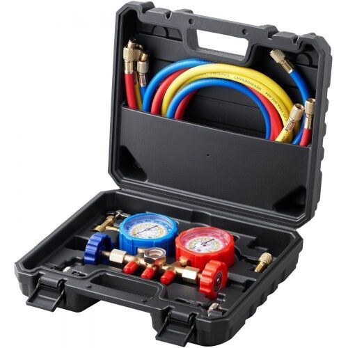 VEVOR 3 Way AC Manifold Gauge Set for R134A R22 R12 R502 Refrigerant, Freon Gauges with 5ft Hoses, Couplers, Can Tap Works on Car Auto Freon Charging and Evacuation - Lot 501