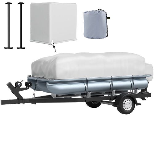 VEVOR UV Resistant Waterproof Trailerable Pontoon Boat Cover w/ 2 Support Poles and 7 Wind-Proof Straps, Fit for 21'-24' Boat, Heavy Duty 600D Marine Grade Oxford Fabric - Lot 492