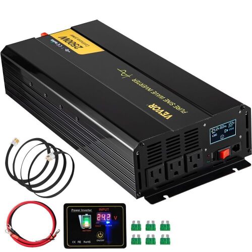 VEVOR 2500 Watt Pure Sine Wave Power Inverter, DC 24V to AC 120V, with USB Port, LCD Display, and Remote Controller  - Lot 465