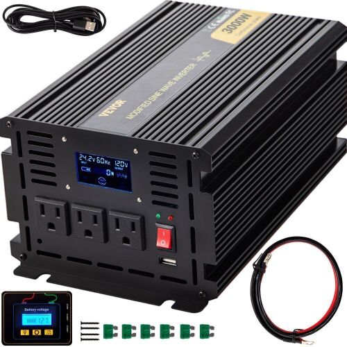 VEVOR 3000W Modified Sine Wave Inverter, DC 24V to AC 120V, with LCD Display, Remote Controller, LED Indicator - Lot 437