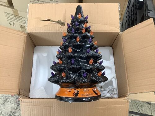 Ceramic Halloween Tabletop Tree w/ Orange & Purple Bulb Lights - 15in  - Lot 504