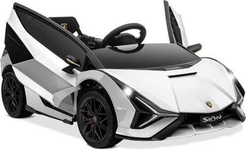 Kidzone Kids Electric Ride On 12V Licensed Lamborghini Sian Roadster Battery Powered Sports Car Toy with 2 Speeds, Parent Control, Sound System, LED Headlights & Hydraulic Doors - White - Lot 155