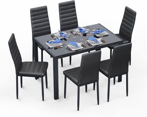 Bealife Kitchen Dining Table Set for 6, Tempered Glass Table and Chairs, Black - Lot 90