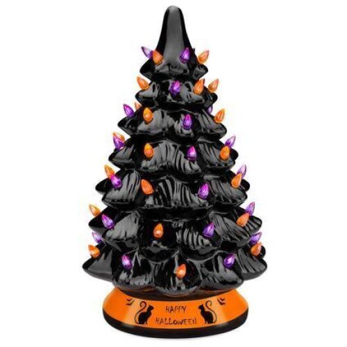Ceramic Halloween Tabletop Tree w/ Orange & Purple Bulb Lights - 15in  - Lot 249
