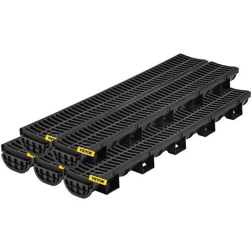 VEVOR Channel Drain with Plastic Grate, 5.8x3.1-Inch HDPE Drainage Trench, 5x39 Trench Drain Grate, with 5 End Caps, 5 Pack - Lot 398
