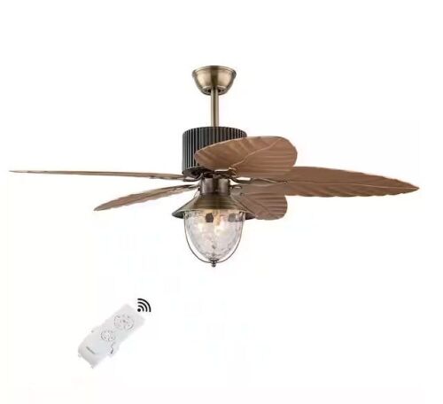 52 in. Indoor Bronze Tropical Style 5 Palm Leaf Blades Reversible Ceiling Fan Light with Remote Control - Lot 309