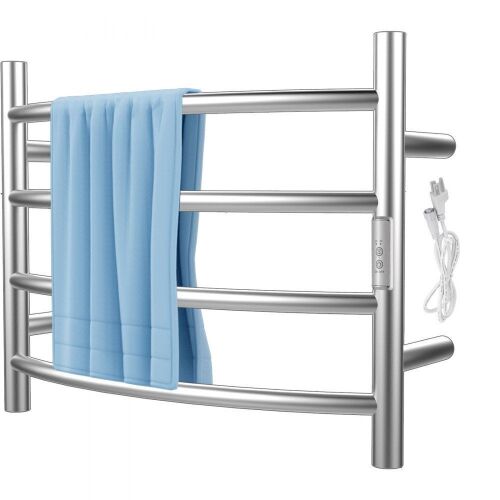 VEVOR Polishing Brushed Stainless Steel Electric Towel Warmer with Built-in Timer, Wall-Mounted for Bathroom, Plug-in/Hardwired, 4 Bars Curved Design - Lot 496