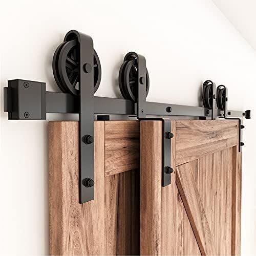 ZEKOO 14 FT Bypass Sliding Barn Door Hardware Kit, Single Track, Spoke Wheel Style - Lot 520
