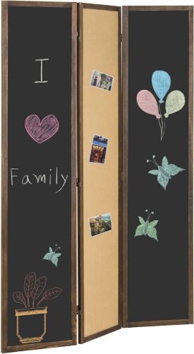 MyGift 3-Panel Double-Sided Chalkboard/Cork Board Room Divider with Rustic Brown Wood Frame  - Lot 692