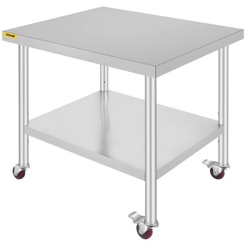 VEVOR 30x36x34 Inch Stainless Steel Work Table 3-Stage Adjustable Shelf with 4 Wheels - Middle Cross Bar Broken Off - Lot 47