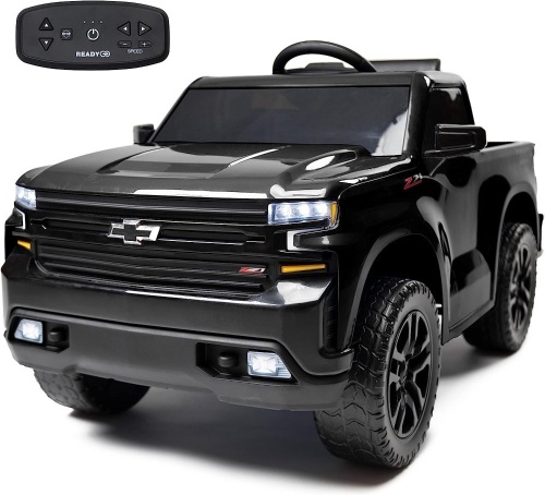 12V Chevy Silverado Ride On Truck with HIGH Speed Mode (5 MPH) & Parent Remote Control, Kid's Battery Powered Licensed Electric Vehicle, LED Lights, Real Tailgate, & Truck Sounds, by ReadyGO - Black - Lot 1384