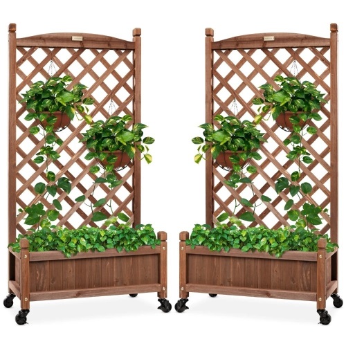 Set of 2 Wood Planter Box & Lattice Trellis w/ Optional Wheels - Lot 1369