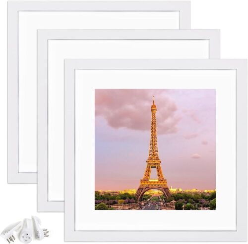 Upsimples Picture Frame Made of High Definition Glass, Display Pictures 12x12 with Mat or 16x16 Without Mat, White, Set of 3 - Lot 286