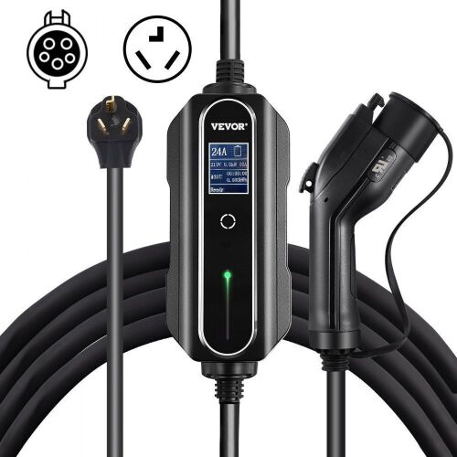 VEVOR Level 2 Portable Electric Vehicle Charger with 25 ft J1772 Charging Cable NEMA 10-30 Plug, 24 Amp 110-240V - Lot 328