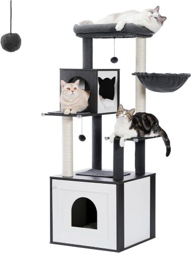 Modern Cat Tree with Storage Cabinet Litter Box Enclosure and Spacious Cat Condo, Large Top Perch and Hammock - Lot 623