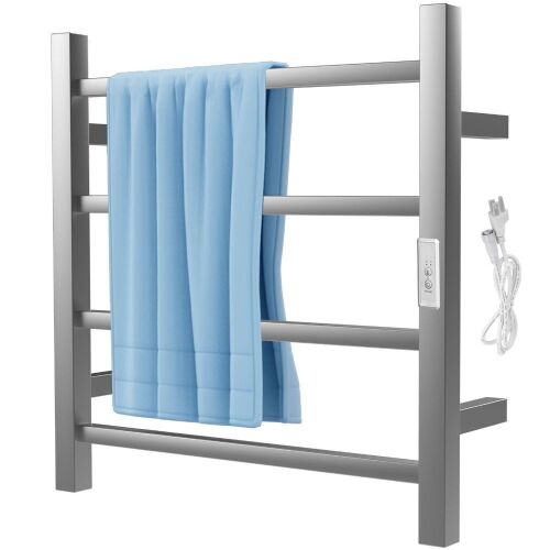 VEVOR Polishing Brushed Stainless Steel Electric Towel Warmer with Built-in Timer, 4 Bars Design, Wall-Mounted, Plug-in/Hardwired - Lot 680