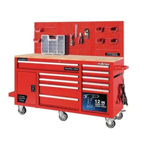 Frontier Heavy-Duty 62 in. 10-Drawer Red Tool Chest Mobile Workbench Cabinet with Pegboard Back Wall - Lot 13