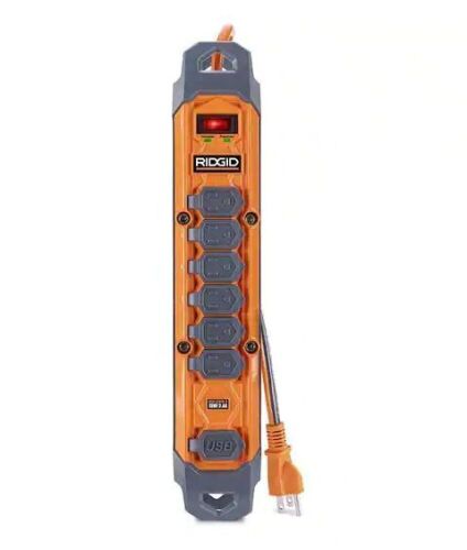 RIDGID 8 ft. Cord 6-Outlet, 2.4 Amp USB-A, 15-Watt USB-C, 2100J Surge Protector - Lot 167