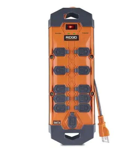 RIDGID 10 ft. Cord 10-Outlet, 2.4 Amp USB-A, 15-Watt USB-C, 4200J Surge Protector - Lot 176