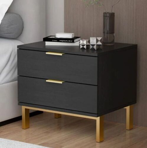 2-Drawer Black Wooden Nightstand Bedside Table With 4 Metal Legs 15.7 in. D x 19.7 in. W x 17.9 in. H - Lot 177