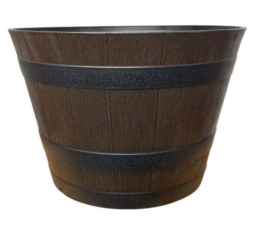 Southern Patio 60 qt. Rustic Oak High-Density Resin Whiskey Barrel Outdoor Planter 22.44 in. Dia x 14.96 in. H - Lot 366