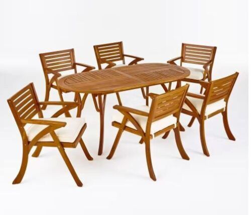 Noble House Hermosa 30 in. Teak Brown 7-Piece Wood Oval Outdoor Dining Set with Cream Cushions - Lot 17