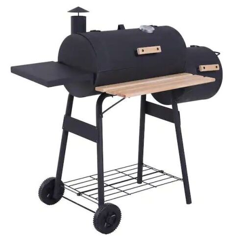 Outsunny 48 in. Steel Portable Backyard Charcoal BBQ Grill and Offset Smoker Combo in Black with Wheels and 2 Storage Shelves - Lot 95