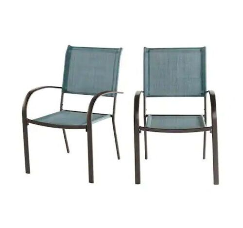 StyleWell Stationary Stackable Steel Split Back Sling Outdoor Patio Dining Chair in Conley Denim Blue, 2 Pack - Lot 180