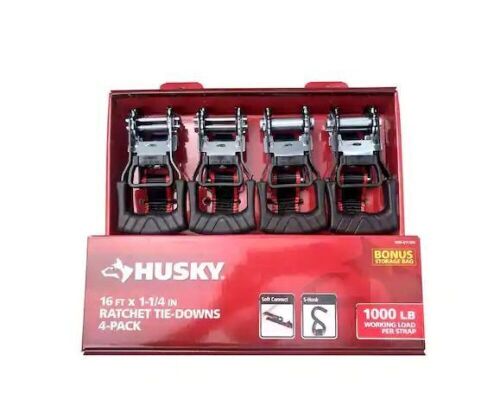 Husky 16 ft. 1.25 in. Ratchet Tie-Down Straps with S-Hook, 4-Pack - Lot 362