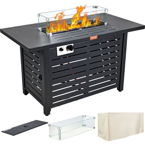 VEVOR 43" 50000 BTU, Propane Outdoor Wicker Patio Fire Pits with Carbon Steel Tabletop, Lava Rock, Glass Wind Guard, Cover - Lot 61