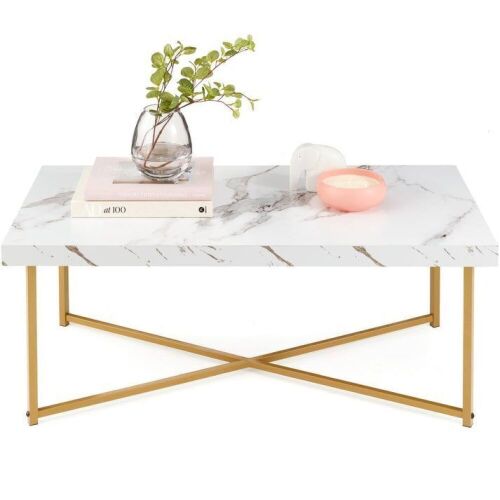 Rectangular Coffee Table w/ X-Base, Faux Marble Top, Non-Scratch Feet - 44in  - Lot 541