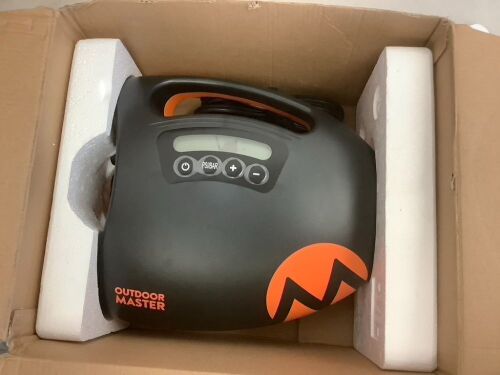 OutdoorMaster 20PSI High Pressure SUP Air Pump The Shark, Intelligent Dual Stage Inflation & Auto-Off Feature, Deflation Function, 12V DC Car Connector - Damaged Screen - Lot 413