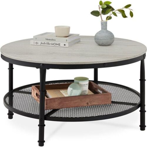 2-Tier Round Industrial Wood & Steel Coffee Table, Storage Shelves - 35.5in  - Lot 414