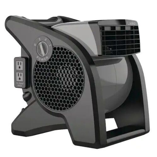 Lasko 11.2 in. 3 Speeds Blower Fan in Gray with Carry Handle, Circuit Breaker, Power Outlets, High Velocity Utility Pivoting - Lot 342